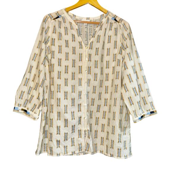Pure Jill Boho Aztec Embroidered Blouse Top Womens Sz Medium Button Down ~Flawed - Picture 1 of 8